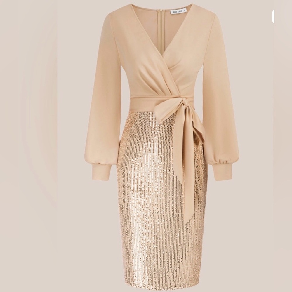 Grace Karin Beige champagne Sequin Wrap Long Sleeve Dress, Medium